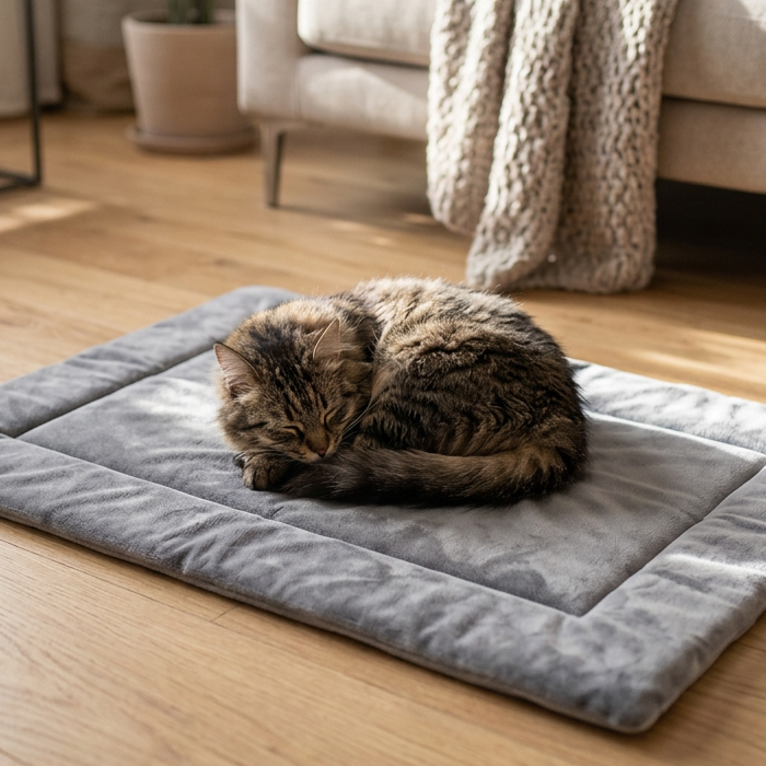 Tabby cat curled up asleep on the grey self-warming mat (illustrative scene)