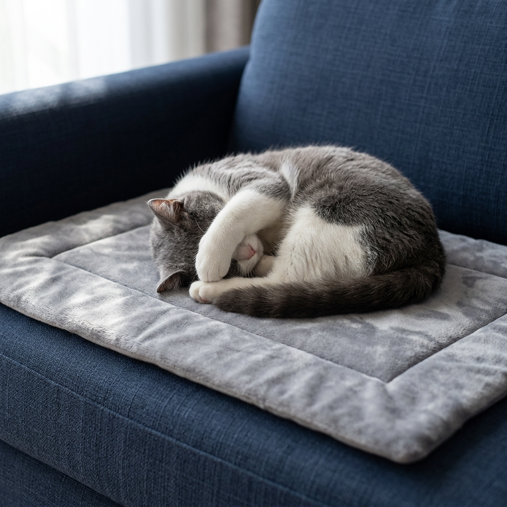 Cat curled up on the grey mat on a sofa (illustrative scene)