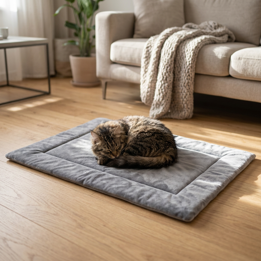 Tabby cat asleep on the grey self-warming mat in a sunny living room (illustrative scene)