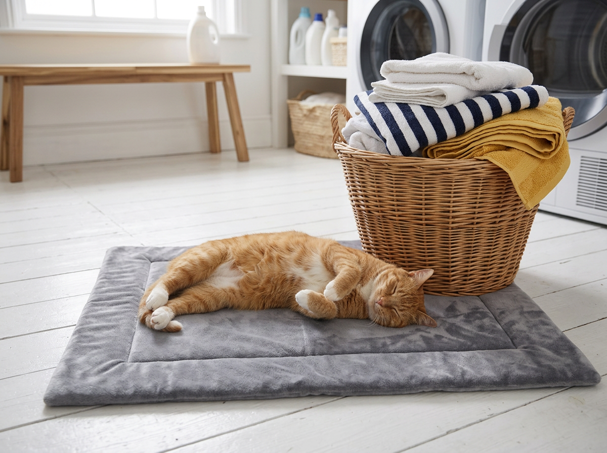 Ginger cat asleep on the self-warming mat beside a laundry basket (illustrative scene)